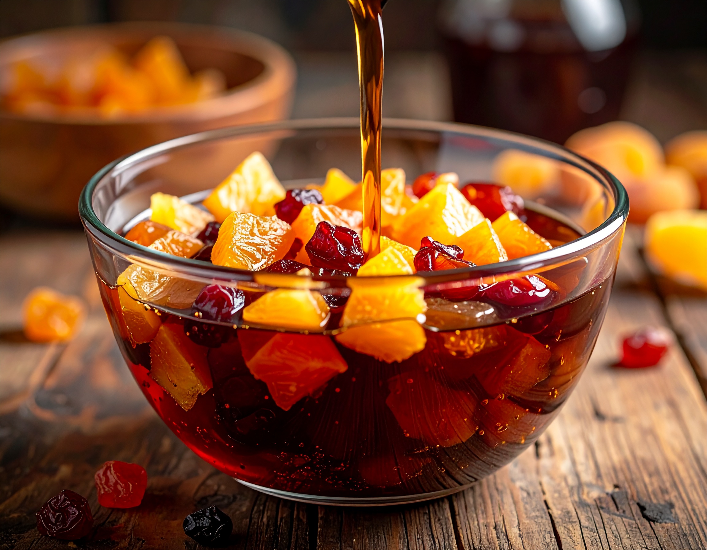 Firefly_Chopped dried fruits being soaked in dark rum inside a glass bowl, close-up, rustic k 325329