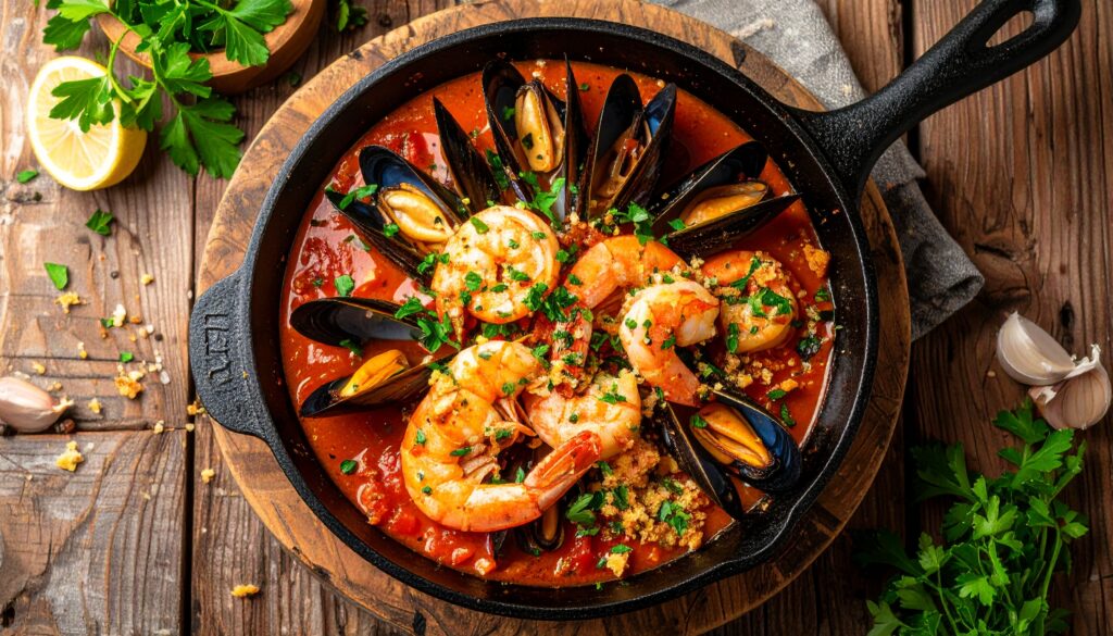 ブザラ(Buzara)とは、エビやムール貝などの貝類を、オリーブオイル・白ワイン・ニンニク・トマト・ハーブなどと一緒に煮込んだシーフード料理です。