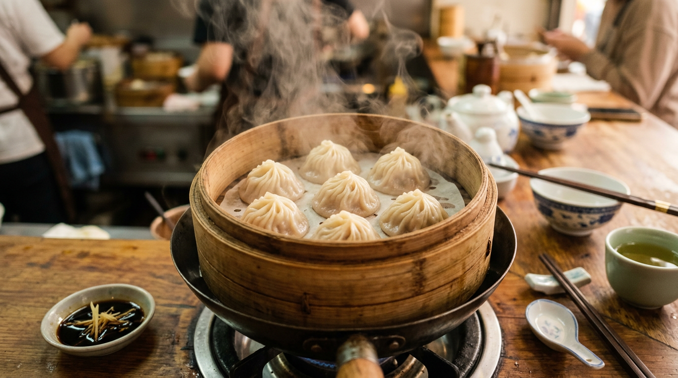 小籠包を蒸す工程。