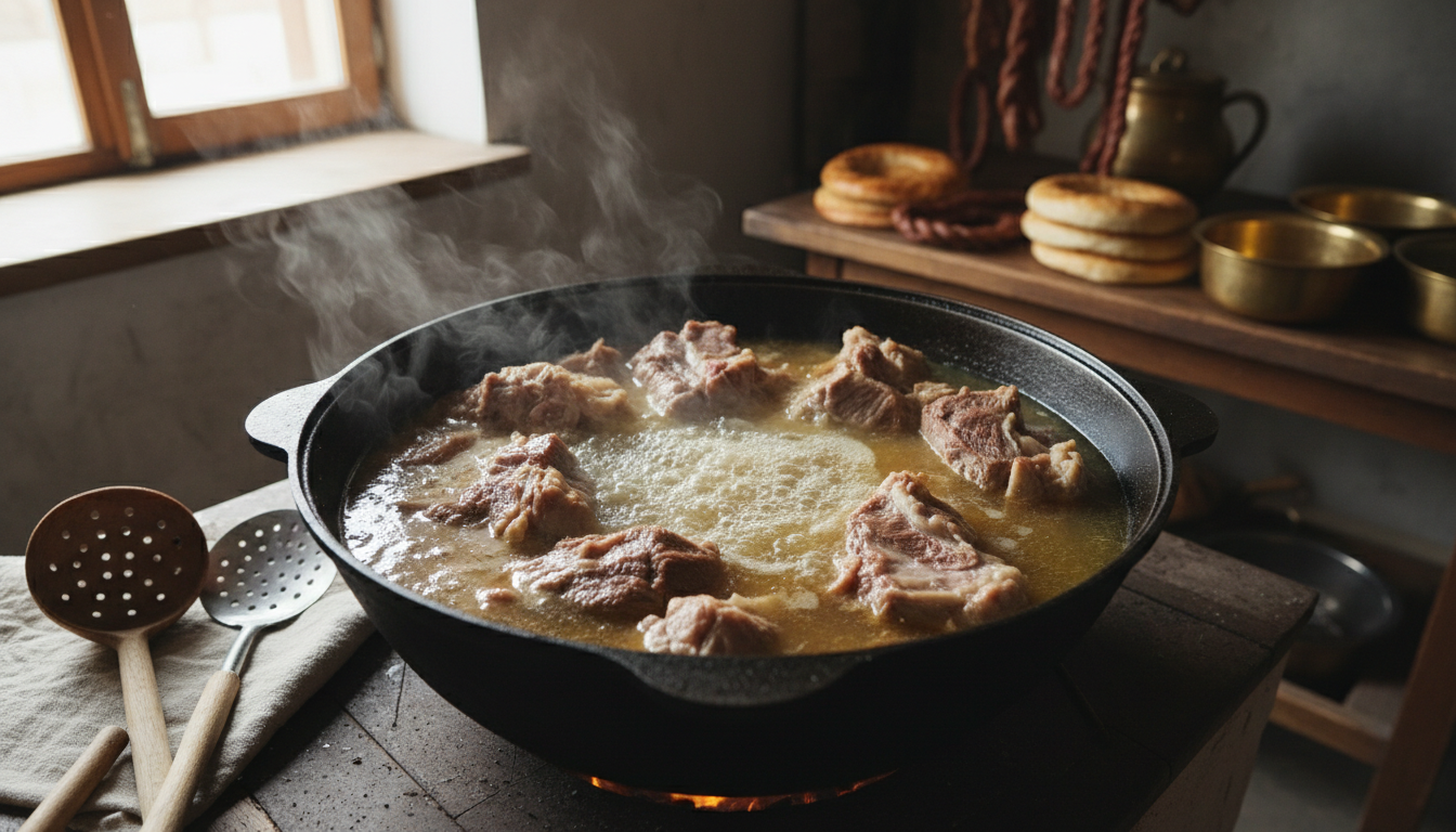 肉は長時間煮込むため繊維がほぐれより甘く感じる。また、煮汁はそのまま使用され味の核となる。