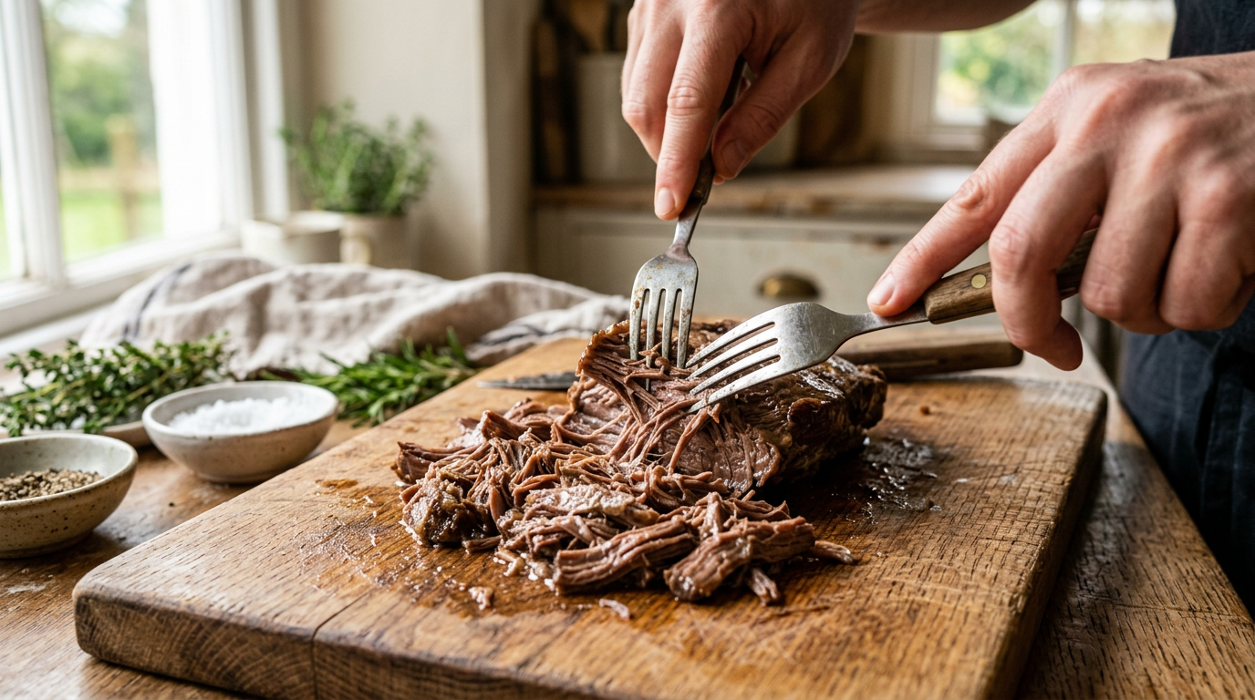牛肉を茹で、繊維に沿ってほぐします。