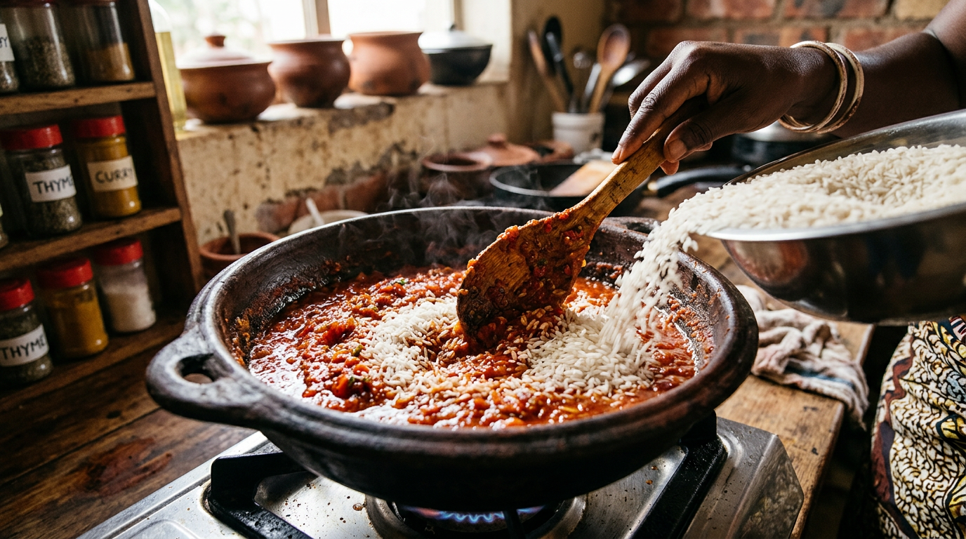 鍋に米とそのほかの具材を入れ軽く混ぜます。