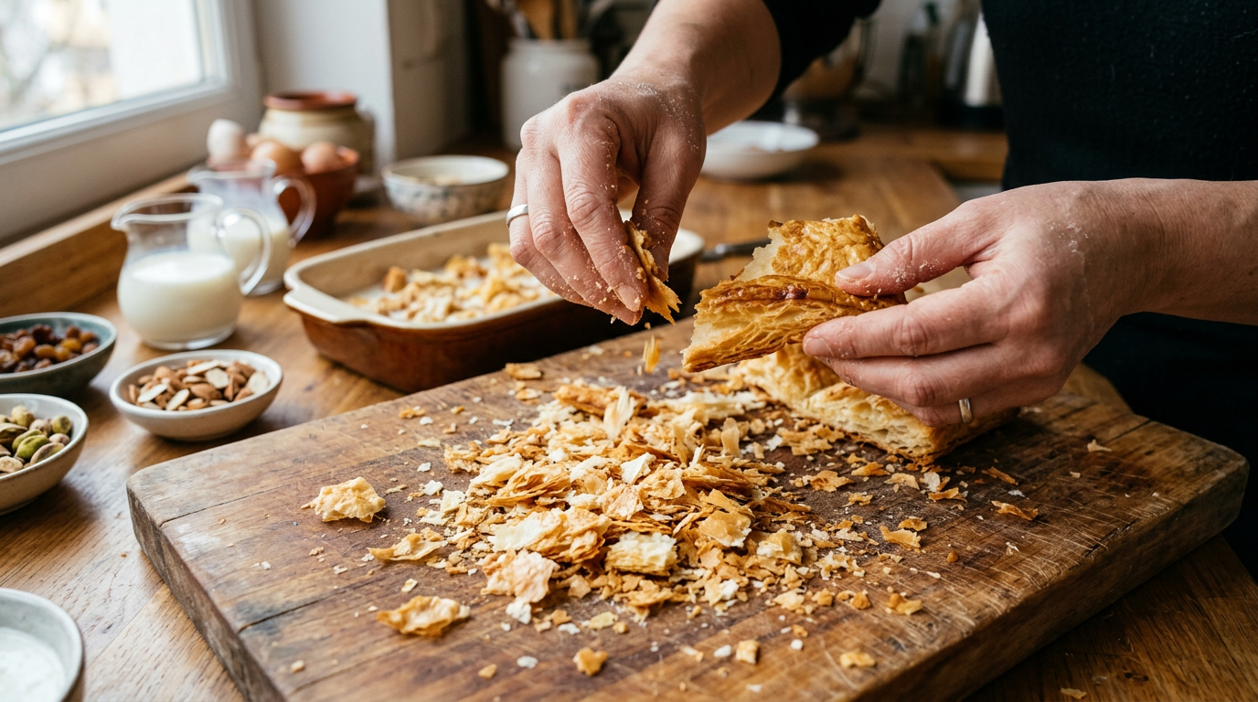 生地を焼いて砕きます。