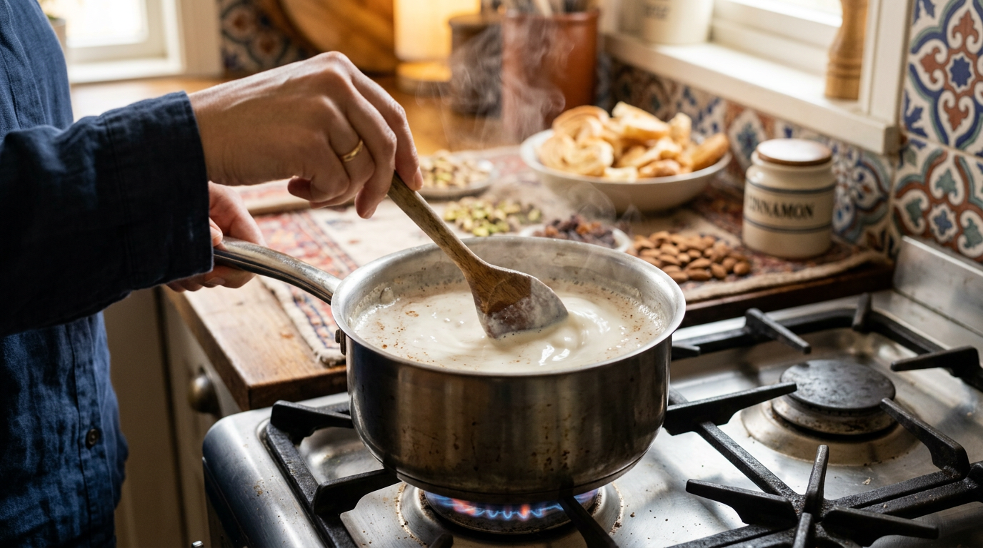 砂糖を溶かすように加熱し、ミルクベースを作ります。