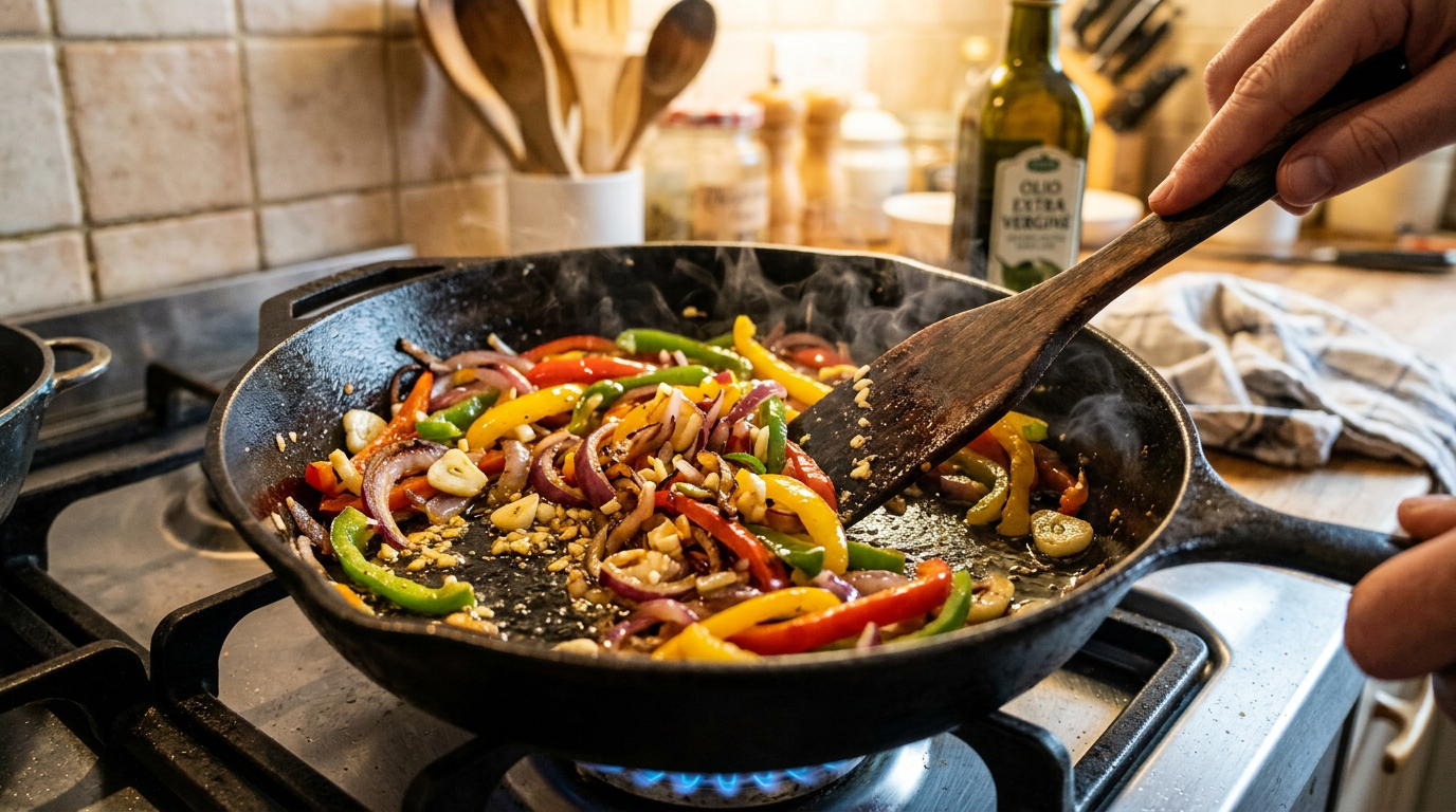 タマネギ、ピーマン、ニンニクなどを使用し、香味野菜炒めを作ります。