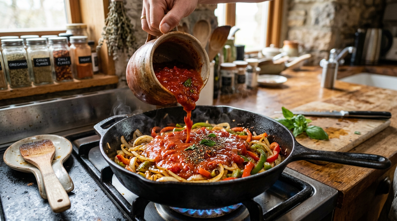 トマトを加え、ソースを作ります。