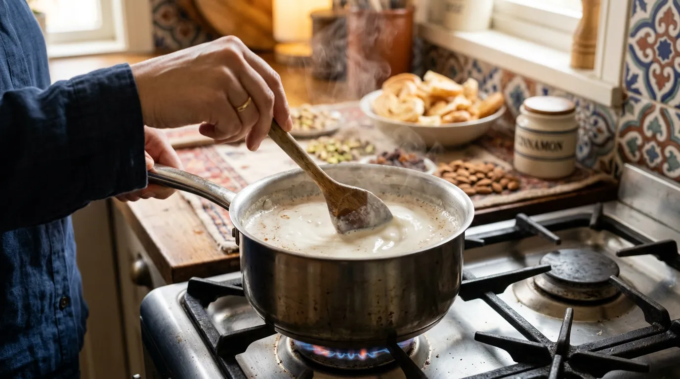 砂糖を溶かすように加熱し、ミルクベースを作ります。