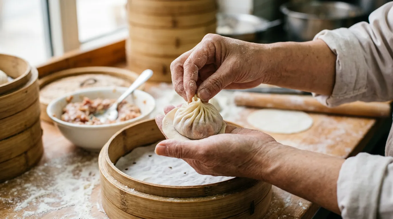 餡を皮で包む工程。