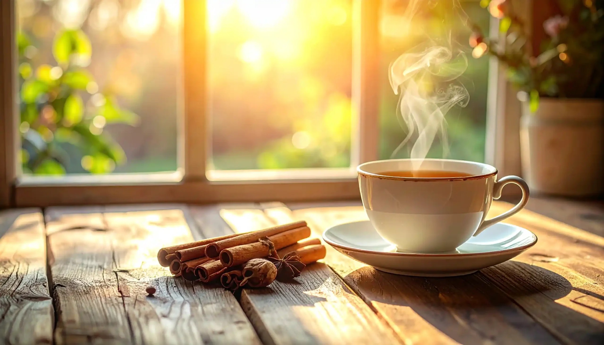A peaceful spring morning scene with cinnamon sticks, nutmeg, and a tea set by a sunlit window.