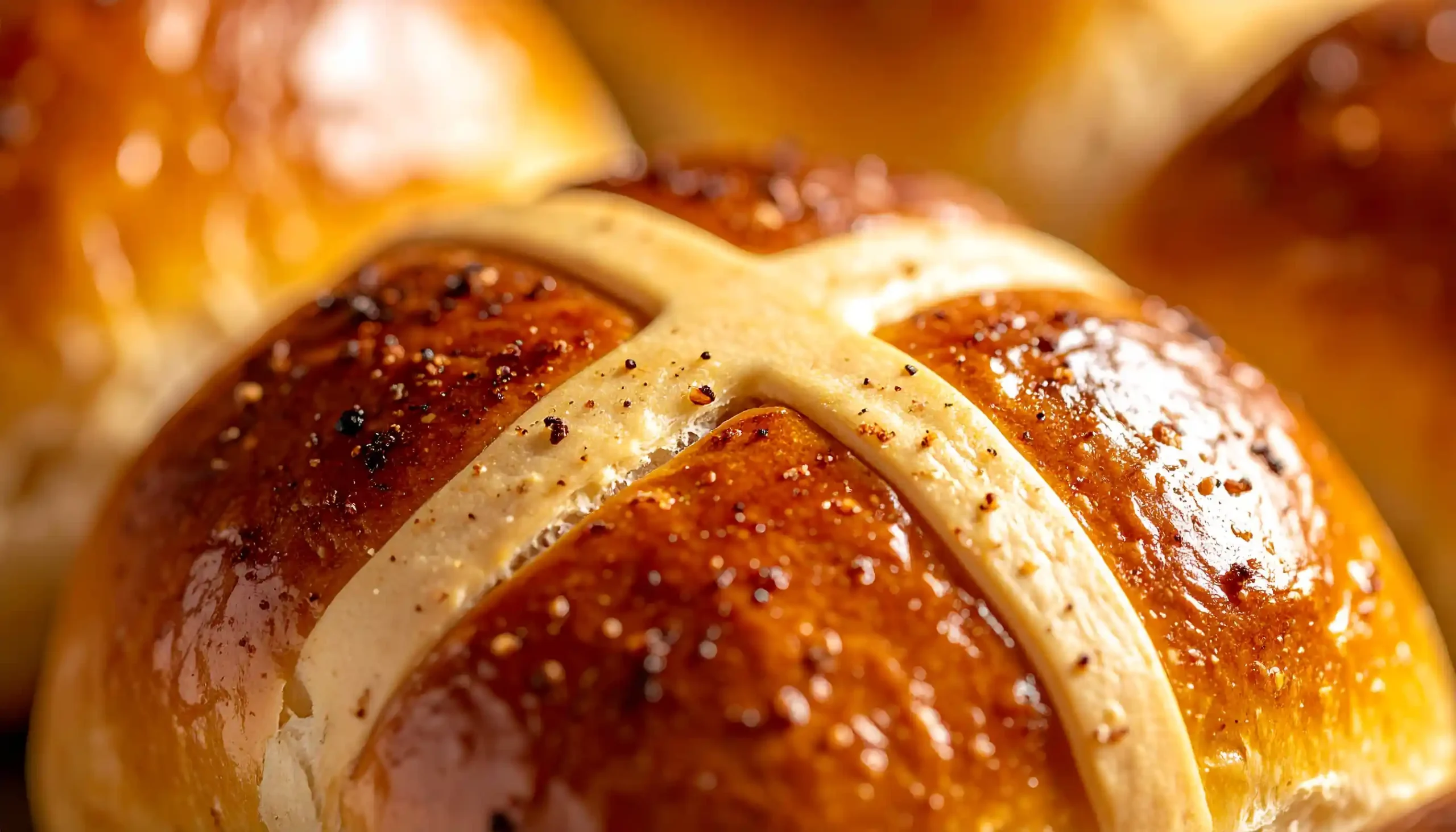 Extreme close-up of the cross mark on a hot cross bun, showing texture of spices and bread.