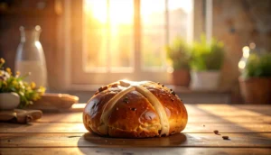 Close-up of a warm hot cross bun with a visible cross, steam rising in soft spring sunlight.