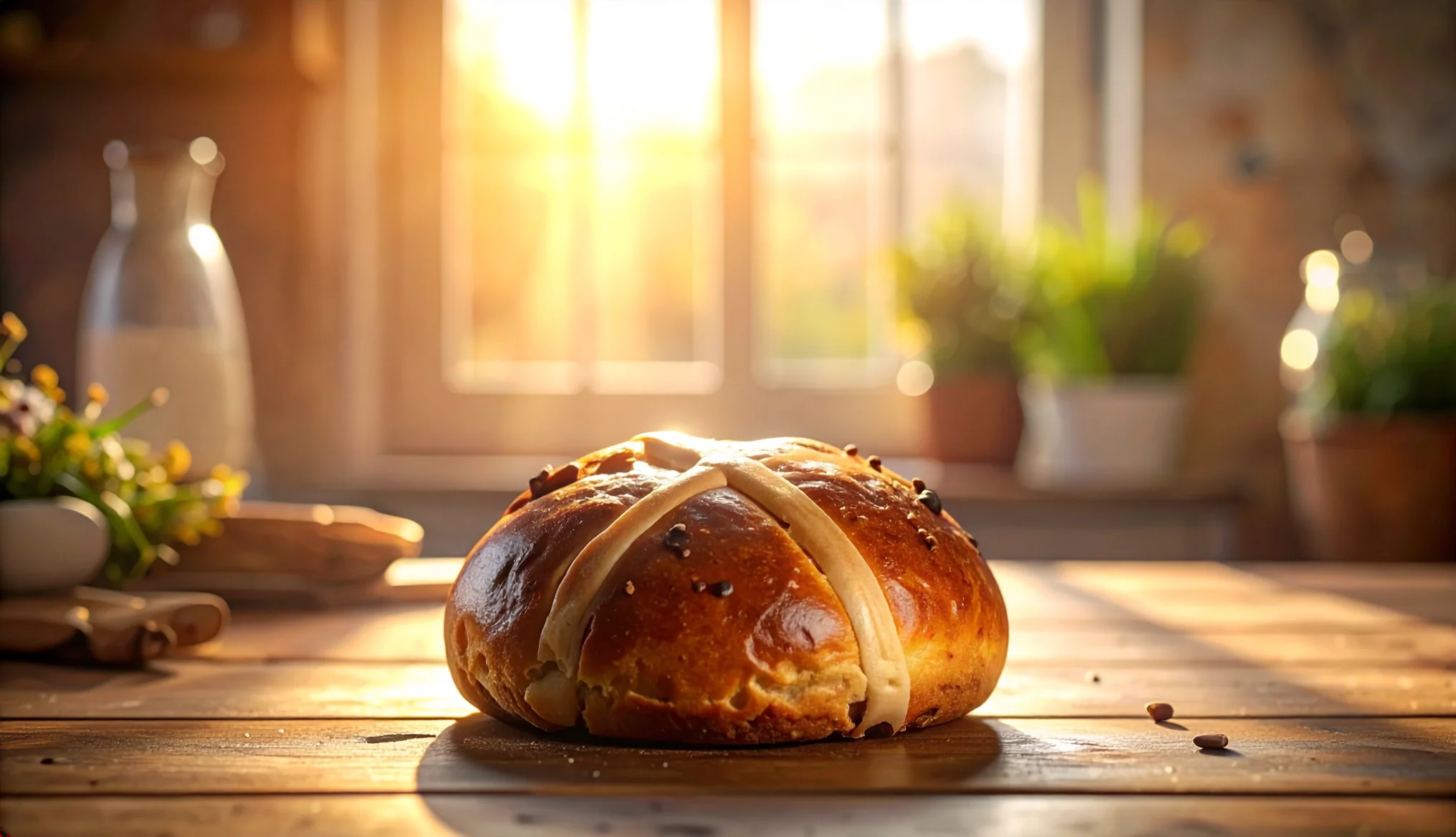 Close-up of a warm hot cross bun with a visible cross, steam rising in soft spring sunlight.