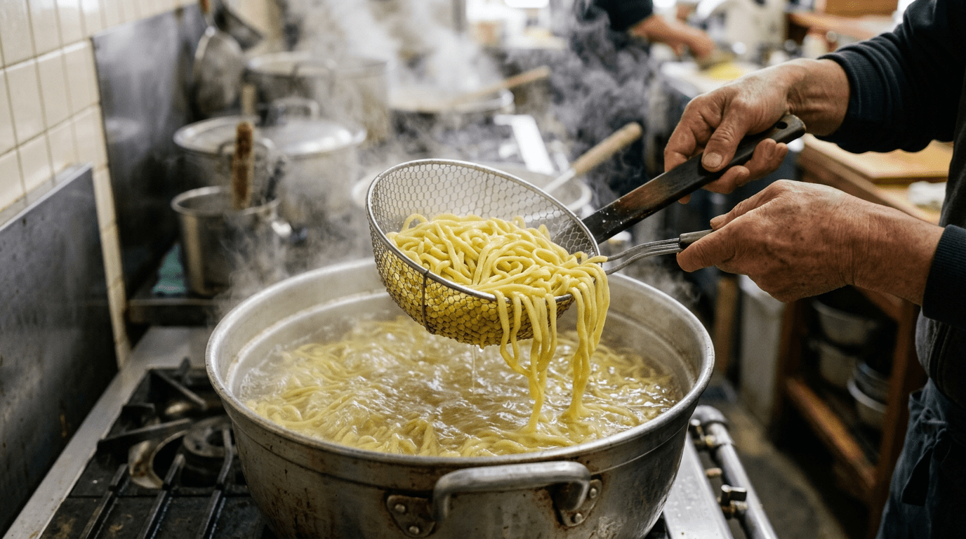 市販の麺を湯通しする工程の画像