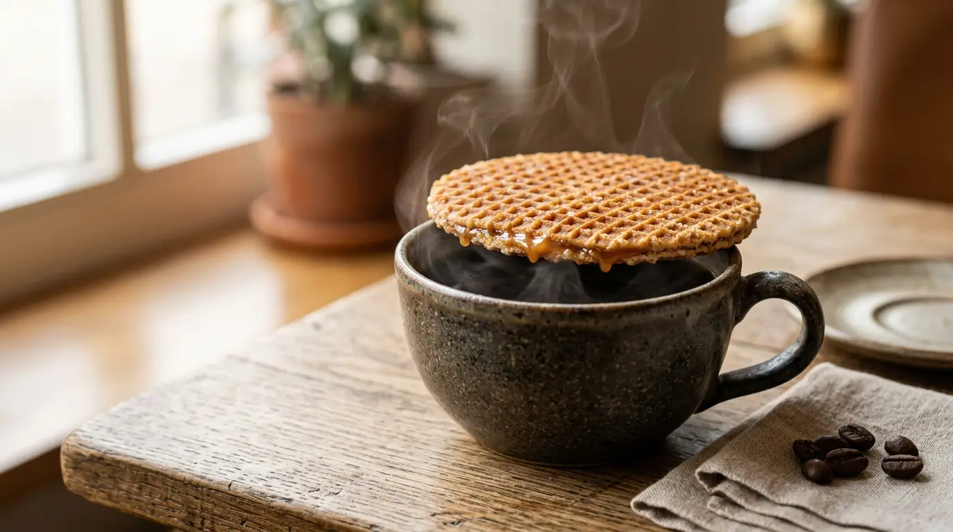 コーヒーの上で温めるストロープワッフルの画像